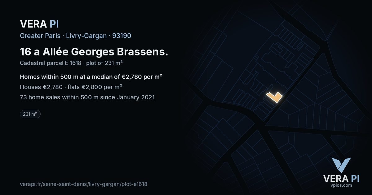 16 a Allée Georges Brassens, Livry-Gargan at night – the plot lit, the parcels around coloured by the prices near them