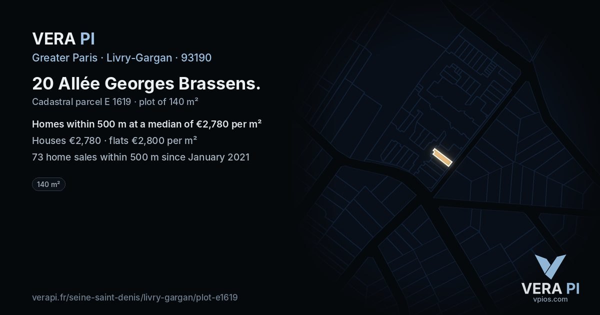 20 Allée Georges Brassens, Livry-Gargan at night – the plot lit, the parcels around coloured by the prices near them