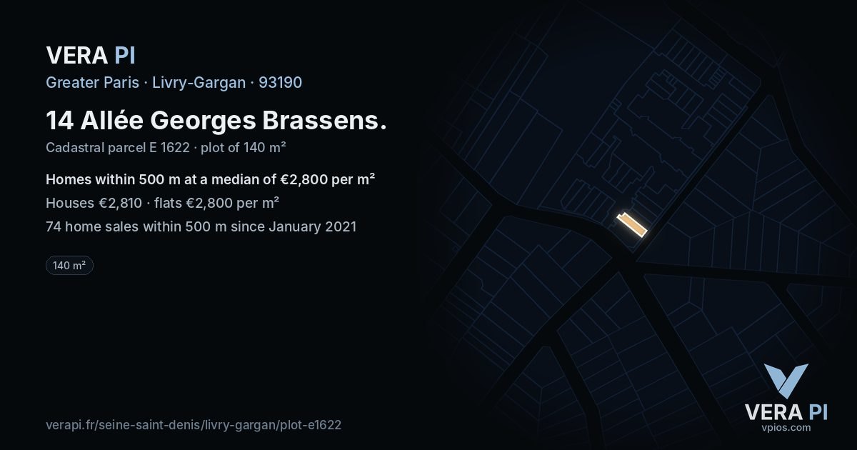 14 Allée Georges Brassens, Livry-Gargan at night – the plot lit, the parcels around coloured by the prices near them