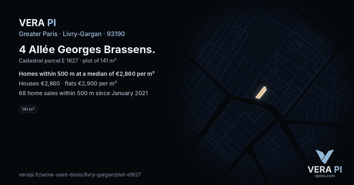 4 Allée Georges Brassens, Livry-Gargan at night – the plot lit, the parcels around coloured by the prices near them