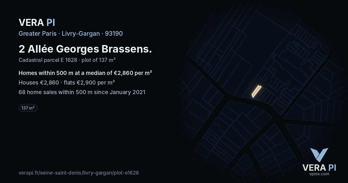 2 Allée Georges Brassens, Livry-Gargan at night – the plot lit, the parcels around coloured by the prices near them
