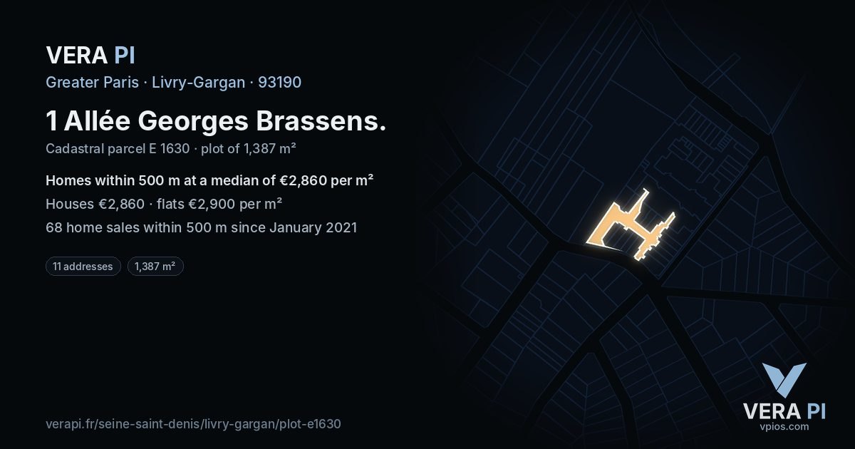1 Allée Georges Brassens, Livry-Gargan at night – the plot lit, the parcels around coloured by the prices near them