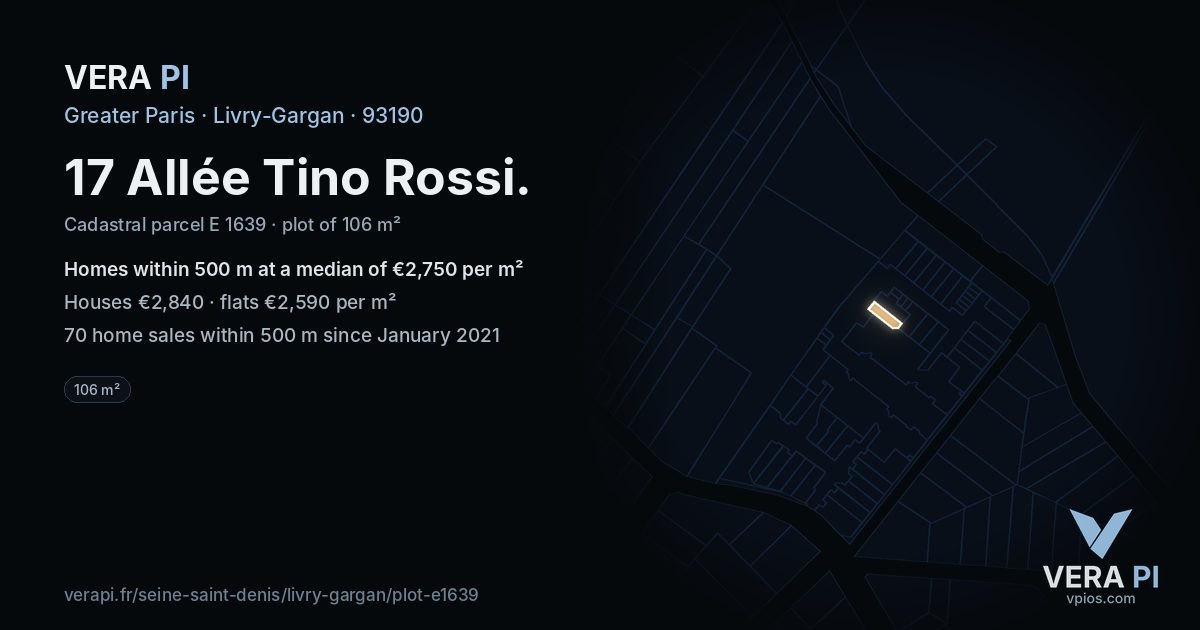17 Allée Tino Rossi, Livry-Gargan at night – the plot lit, the parcels around coloured by the prices near them