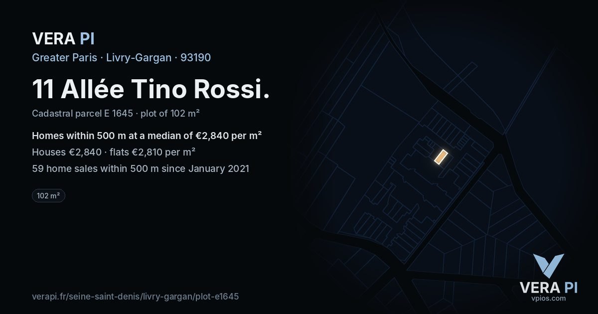 11 Allée Tino Rossi, Livry-Gargan at night – the plot lit, the parcels around coloured by the prices near them