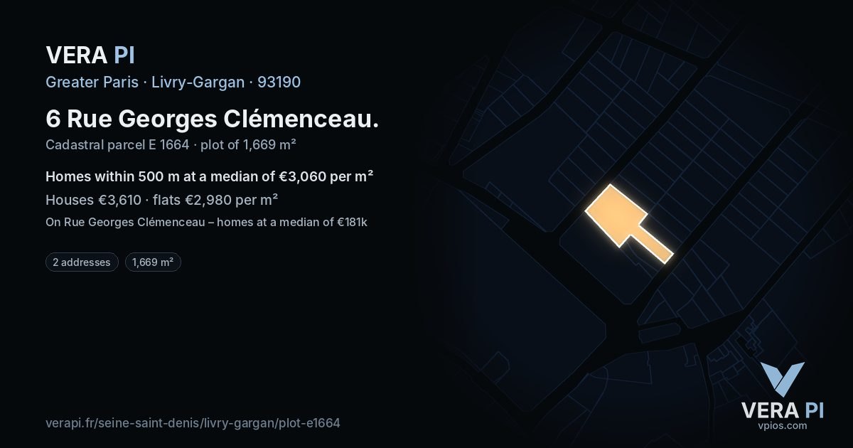6 Rue Georges Clémenceau, Livry-Gargan at night – the plot lit, the parcels around coloured by the prices near them