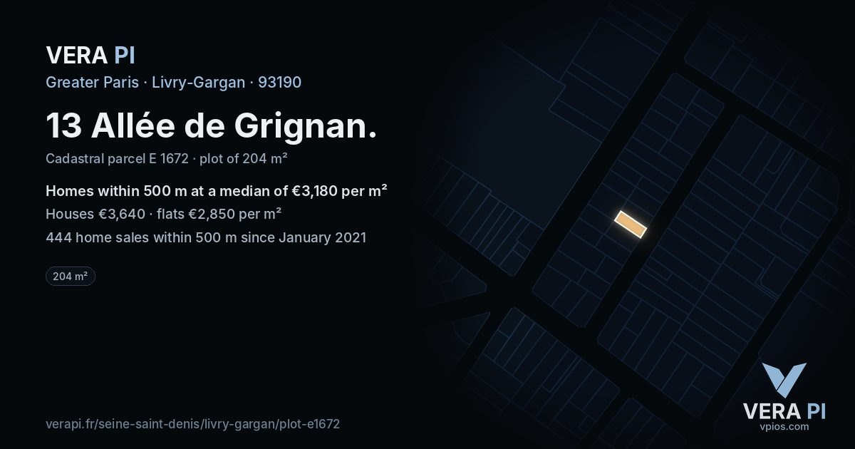13 Allée de Grignan, Livry-Gargan at night – the plot lit, the parcels around coloured by the prices near them