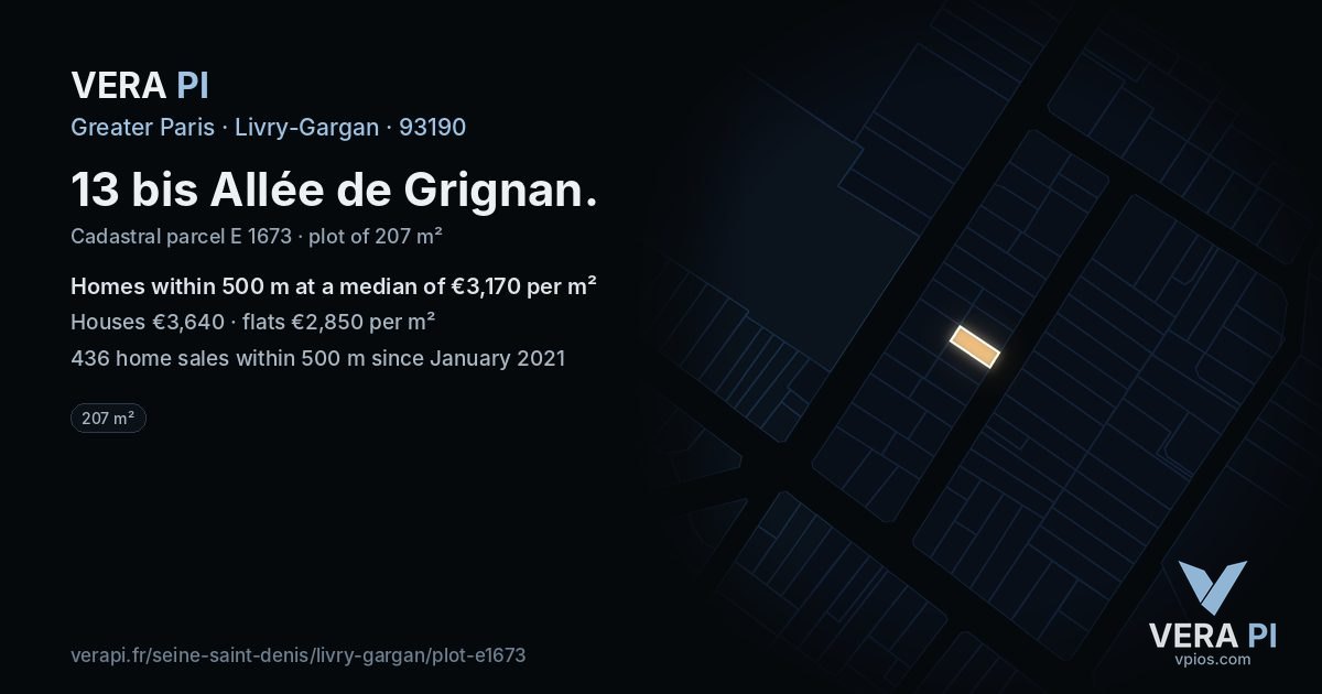 13 bis Allée de Grignan, Livry-Gargan at night – the plot lit, the parcels around coloured by the prices near them