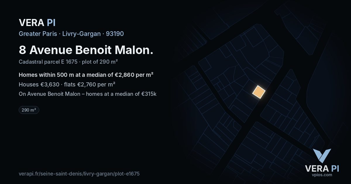 8 Avenue Benoit Malon, Livry-Gargan at night – the plot lit, the parcels around coloured by the prices near them