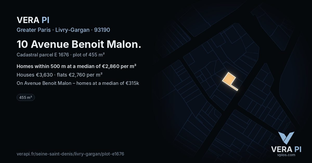 10 Avenue Benoit Malon, Livry-Gargan at night – the plot lit, the parcels around coloured by the prices near them