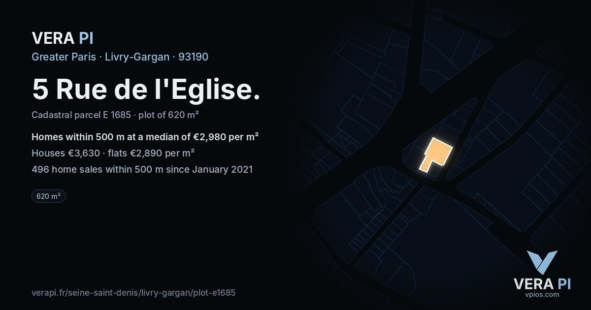 5 Rue de l'Eglise, Livry-Gargan at night – the plot lit, the parcels around coloured by the prices near them