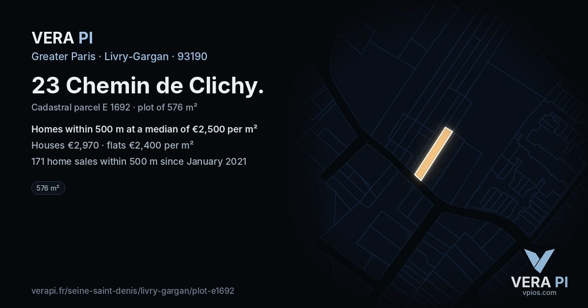 23 Chemin de Clichy, Livry-Gargan at night – the plot lit, the parcels around coloured by the prices near them