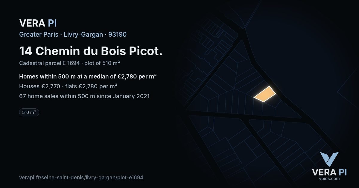14 Chemin du Bois Picot, Livry-Gargan at night – the plot lit, the parcels around coloured by the prices near them