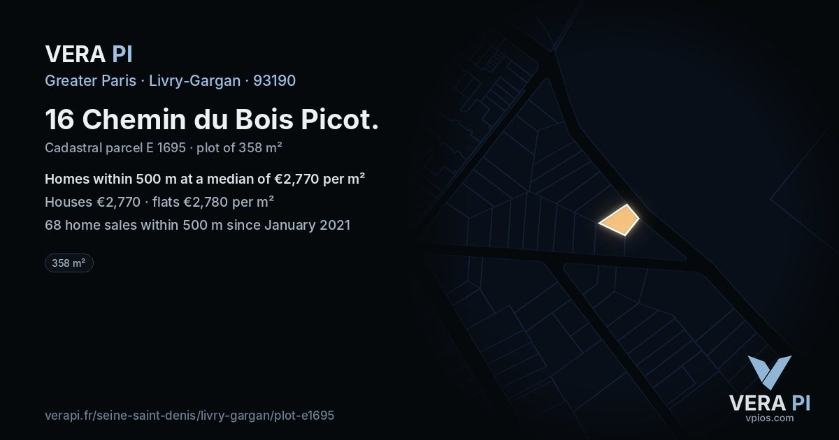16 Chemin du Bois Picot, Livry-Gargan at night – the plot lit, the parcels around coloured by the prices near them