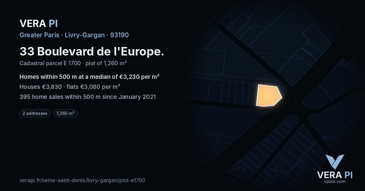 33 Boulevard de l'Europe, Livry-Gargan at night – the plot lit, the parcels around coloured by the prices near them