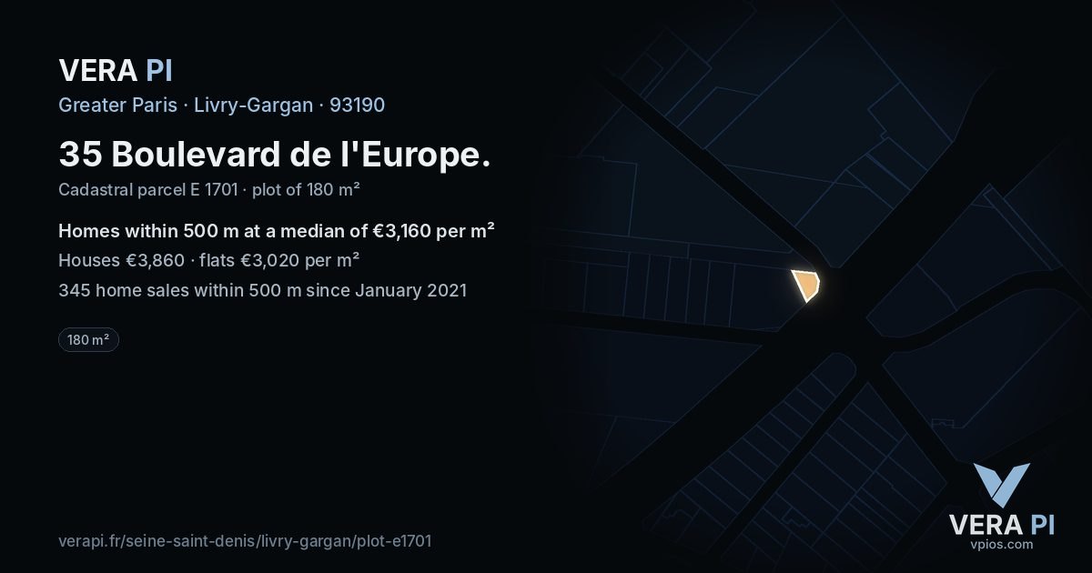 35 Boulevard de l'Europe, Livry-Gargan at night – the plot lit, the parcels around coloured by the prices near them