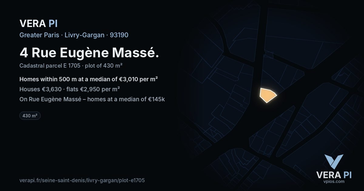 4 Rue Eugène Massé, Livry-Gargan at night – the plot lit, the parcels around coloured by the prices near them