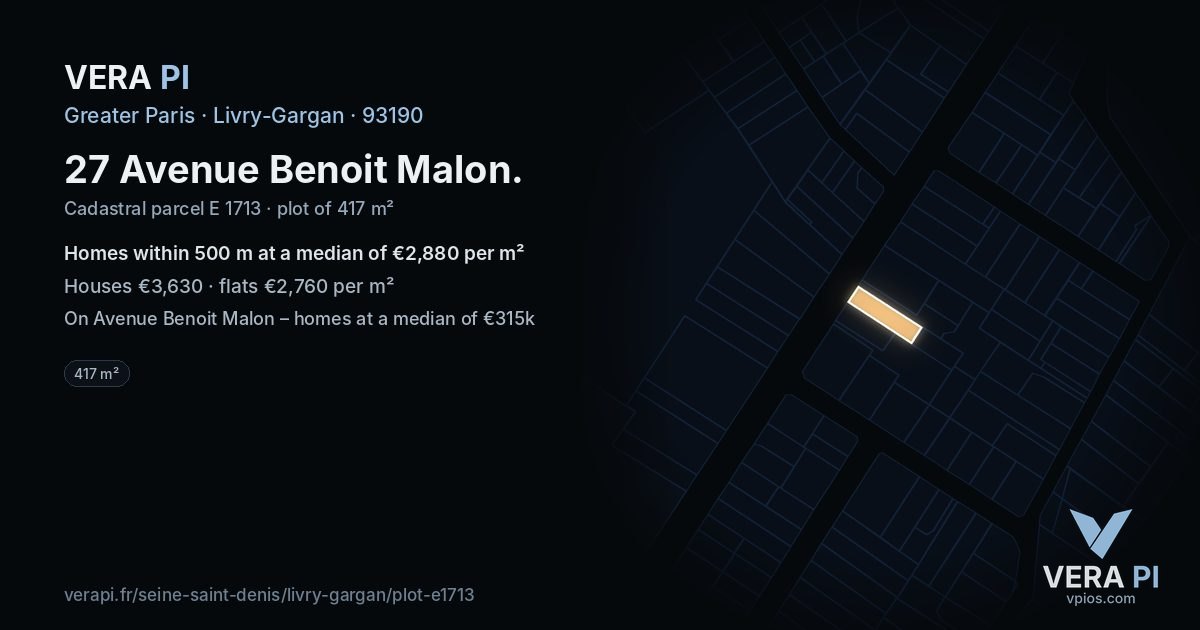 27 Avenue Benoit Malon, Livry-Gargan at night – the plot lit, the parcels around coloured by the prices near them