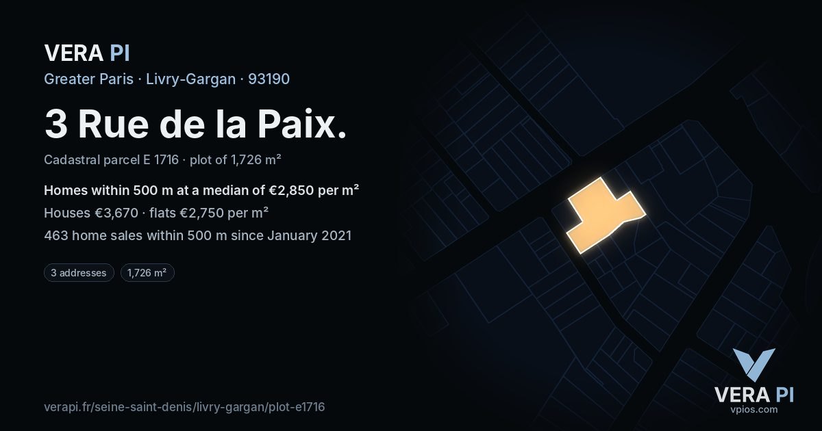 3 Rue de la Paix, Livry-Gargan at night – the plot lit, the parcels around coloured by the prices near them