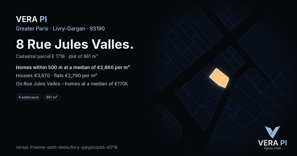 8 Rue Jules Valles, Livry-Gargan at night – the plot lit, the parcels around coloured by the prices near them