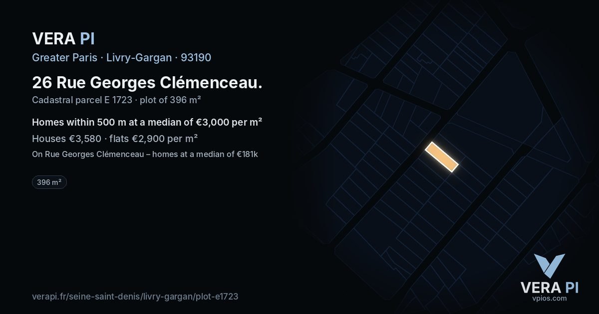 26 Rue Georges Clémenceau, Livry-Gargan at night – the plot lit, the parcels around coloured by the prices near them