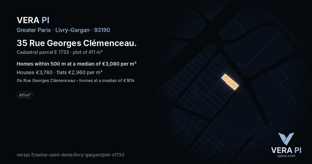 35 Rue Georges Clémenceau, Livry-Gargan at night – the plot lit, the parcels around coloured by the prices near them