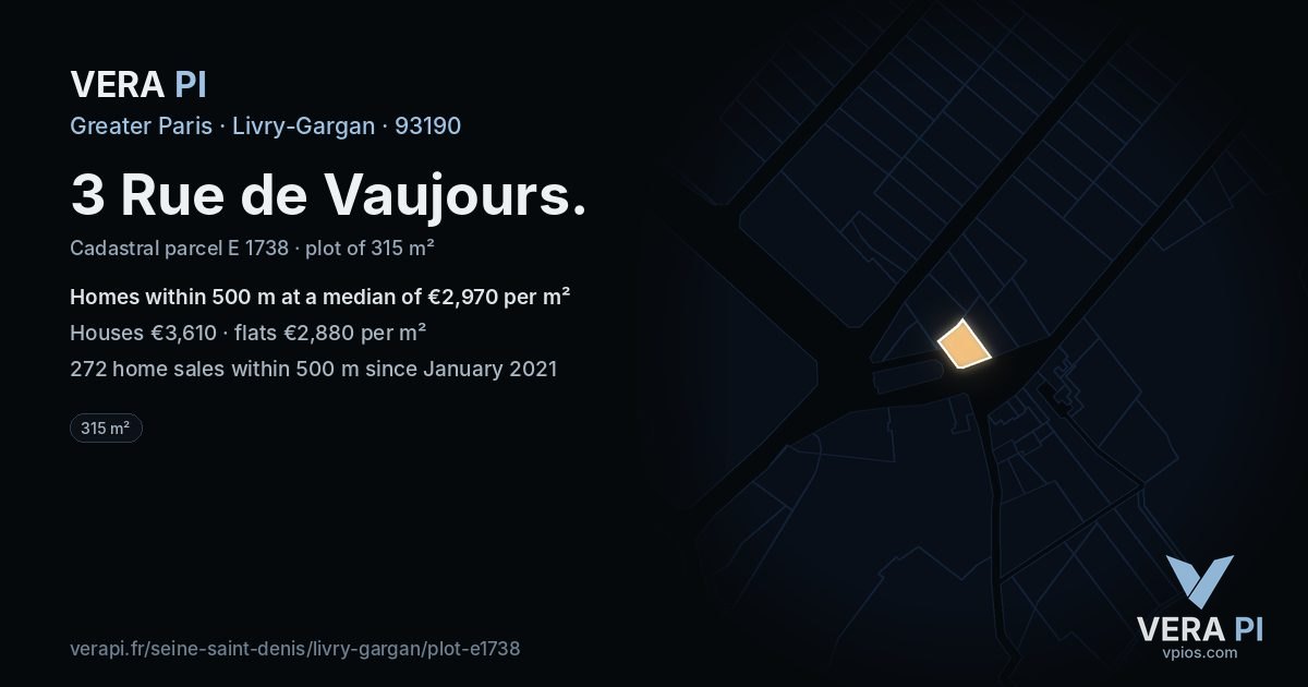 3 Rue de Vaujours, Livry-Gargan at night – the plot lit, the parcels around coloured by the prices near them