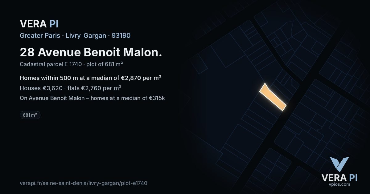 28 Avenue Benoit Malon, Livry-Gargan at night – the plot lit, the parcels around coloured by the prices near them