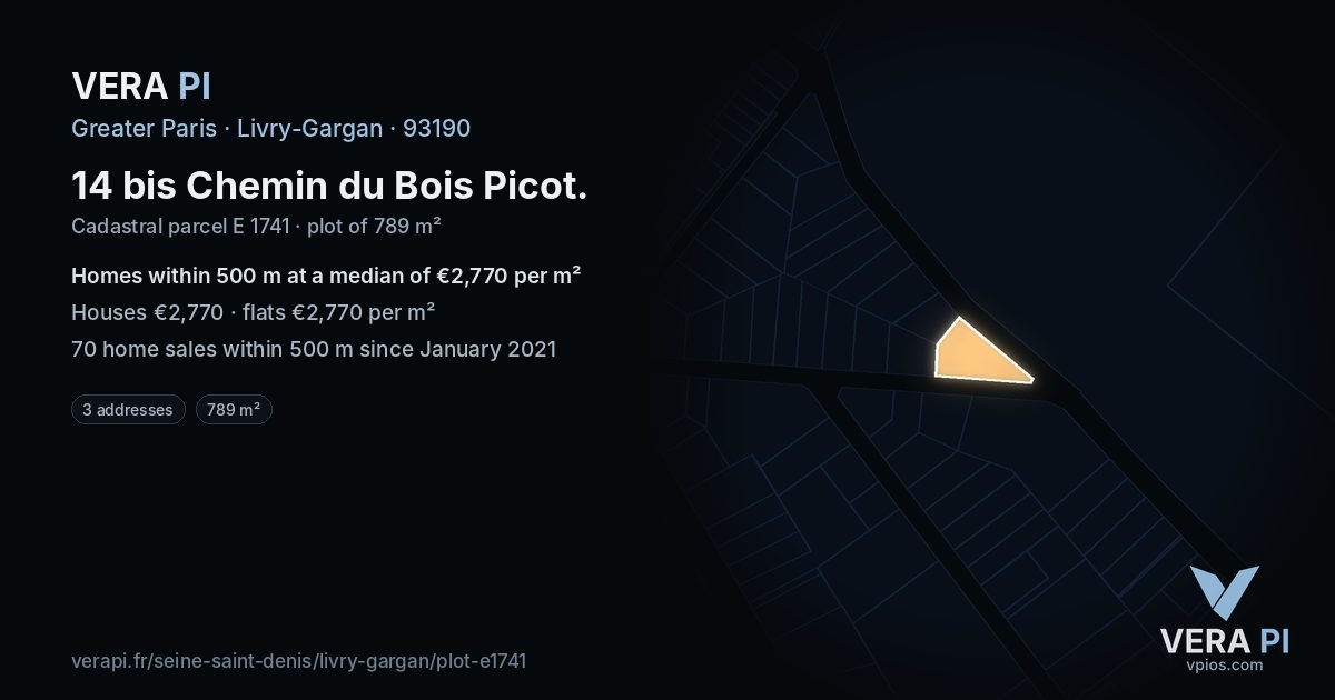 14 bis Chemin du Bois Picot, Livry-Gargan at night – the plot lit, the parcels around coloured by the prices near them