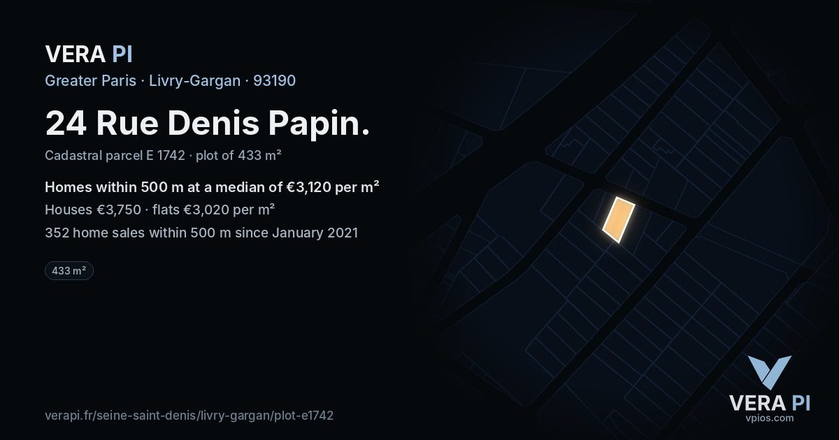 24 Rue Denis Papin, Livry-Gargan at night – the plot lit, the parcels around coloured by the prices near them