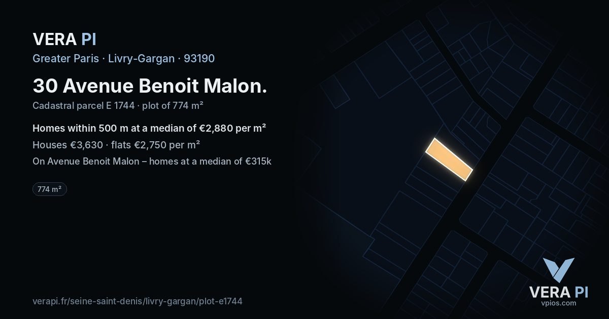 30 Avenue Benoit Malon, Livry-Gargan at night – the plot lit, the parcels around coloured by the prices near them