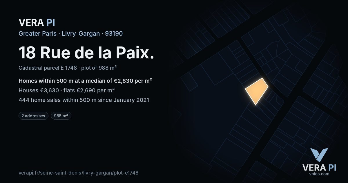 18 Rue de la Paix, Livry-Gargan at night – the plot lit, the parcels around coloured by the prices near them