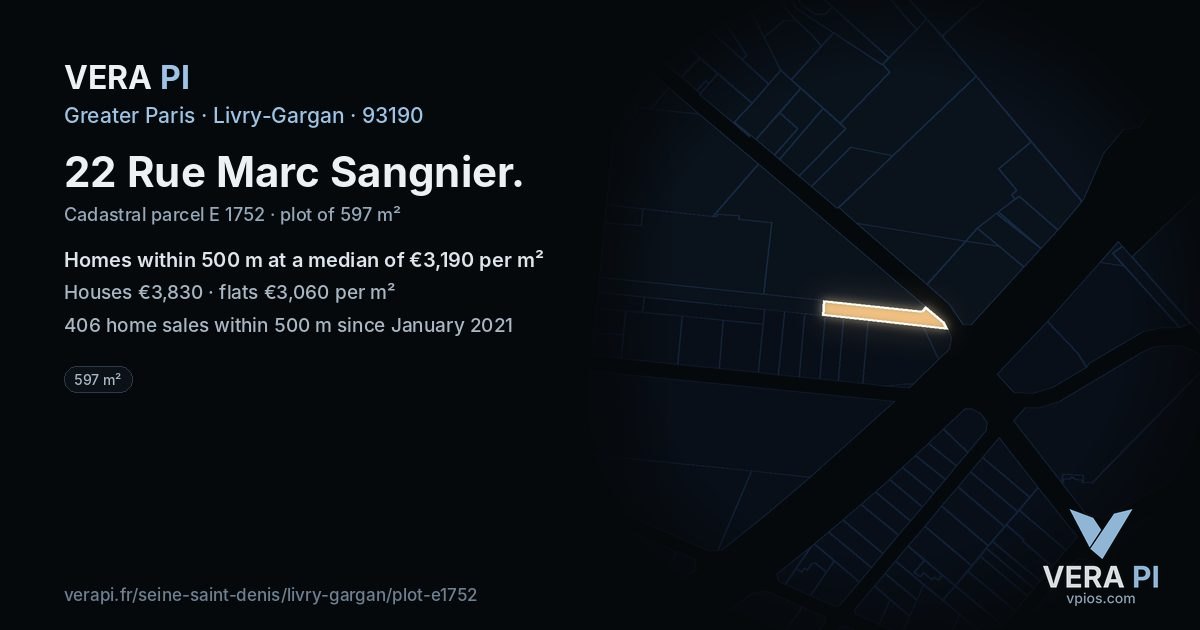 22 Rue Marc Sangnier, Livry-Gargan at night – the plot lit, the parcels around coloured by the prices near them