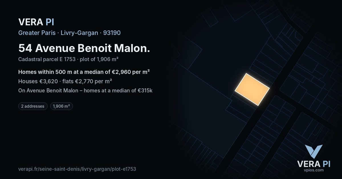 54 Avenue Benoit Malon, Livry-Gargan at night – the plot lit, the parcels around coloured by the prices near them