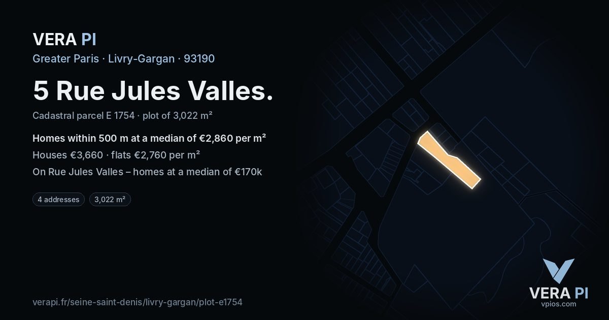 5 Rue Jules Valles, Livry-Gargan at night – the plot lit, the parcels around coloured by the prices near them