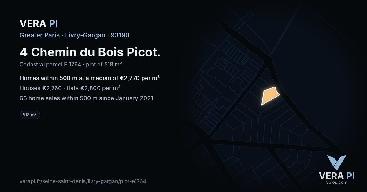 4 Chemin du Bois Picot, Livry-Gargan at night – the plot lit, the parcels around coloured by the prices near them