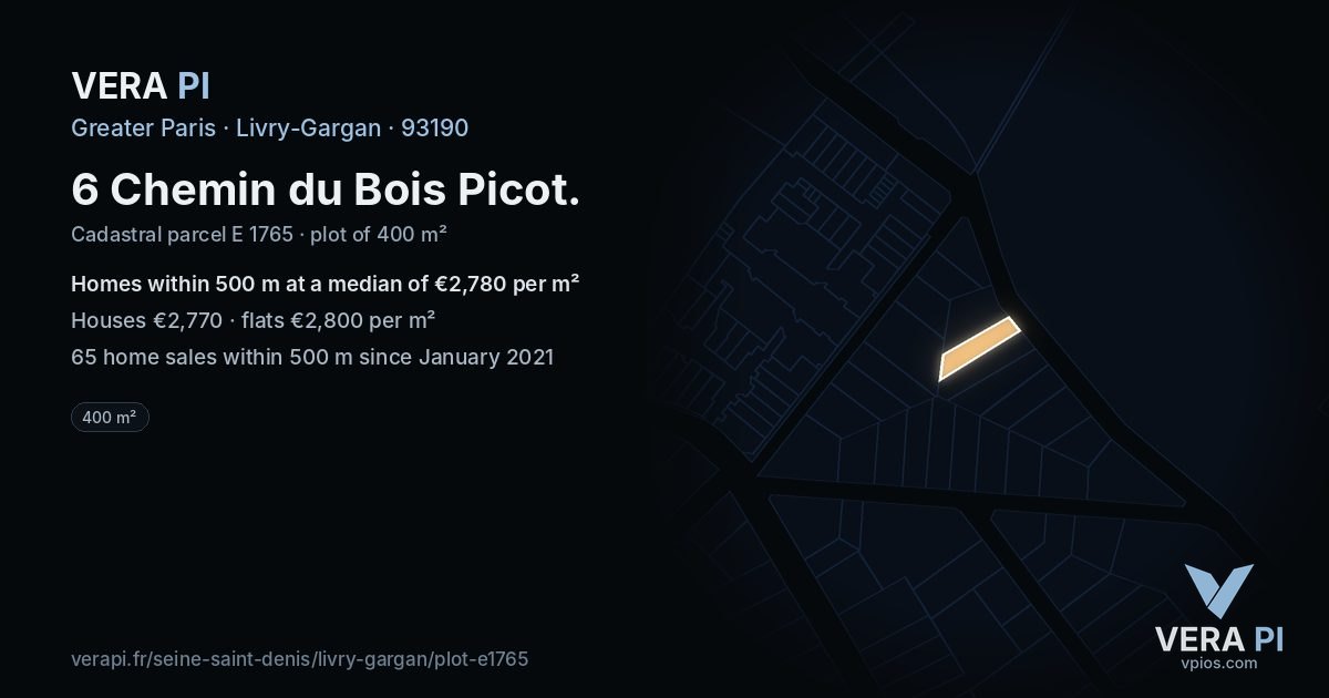 6 Chemin du Bois Picot, Livry-Gargan at night – the plot lit, the parcels around coloured by the prices near them
