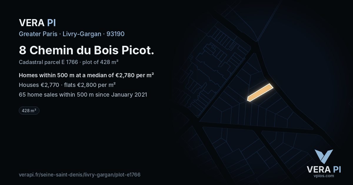 8 Chemin du Bois Picot, Livry-Gargan at night – the plot lit, the parcels around coloured by the prices near them