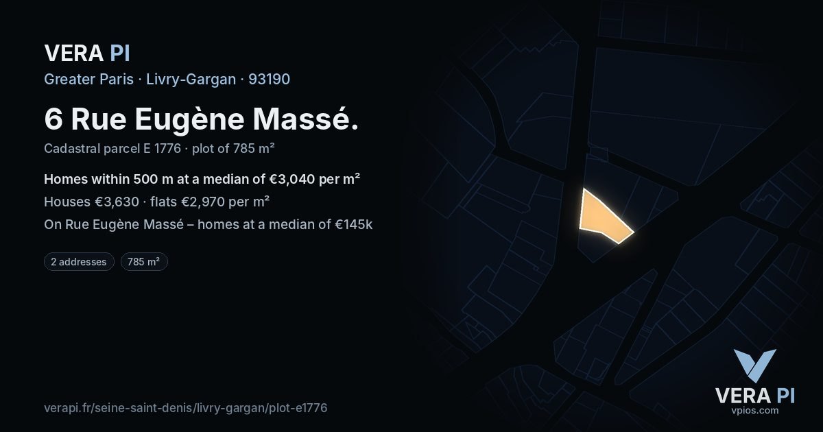 6 Rue Eugène Massé, Livry-Gargan at night – the plot lit, the parcels around coloured by the prices near them