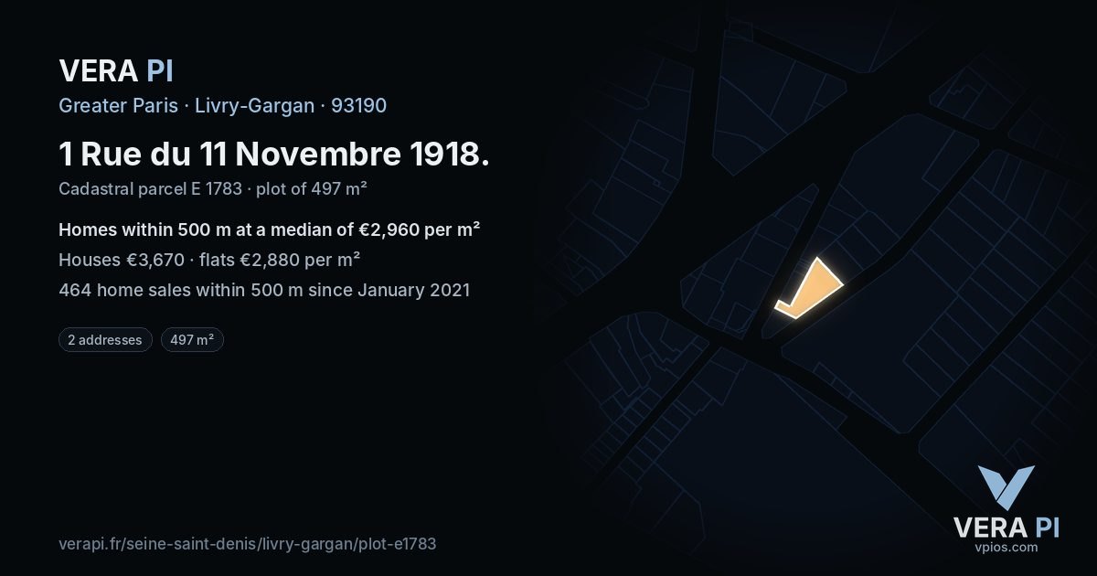 1 Rue du 11 Novembre 1918, Livry-Gargan at night – the plot lit, the parcels around coloured by the prices near them