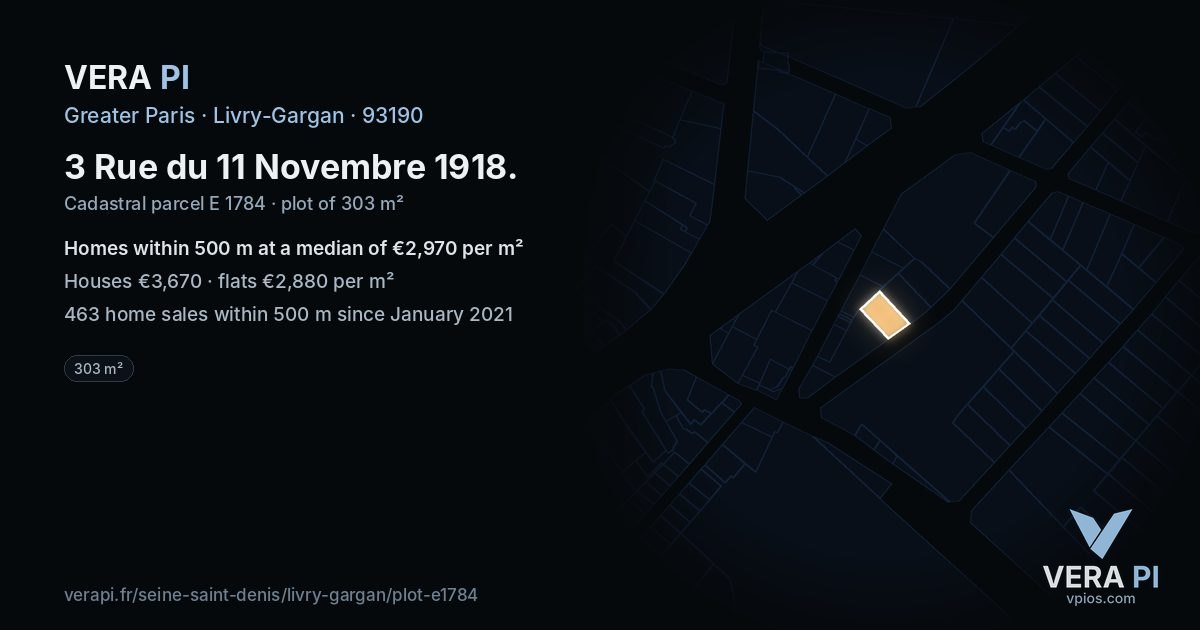 3 Rue du 11 Novembre 1918, Livry-Gargan at night – the plot lit, the parcels around coloured by the prices near them