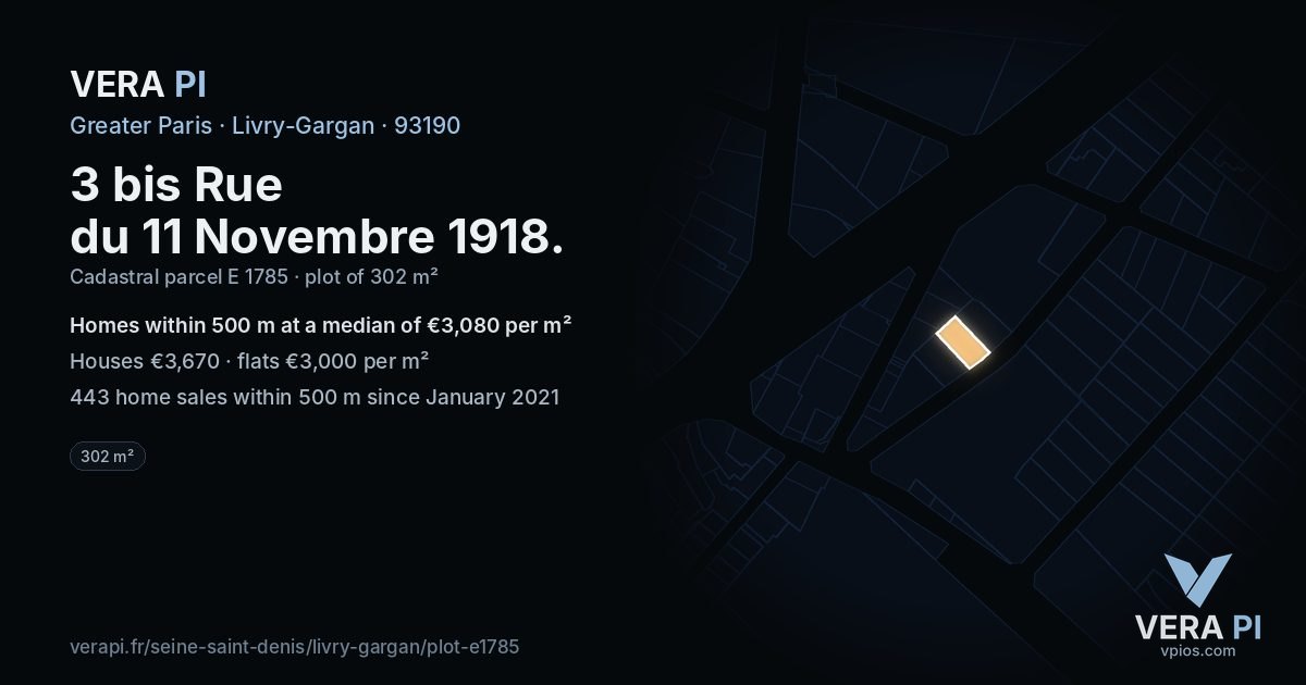 3 bis Rue du 11 Novembre 1918, Livry-Gargan at night – the plot lit, the parcels around coloured by the prices near them