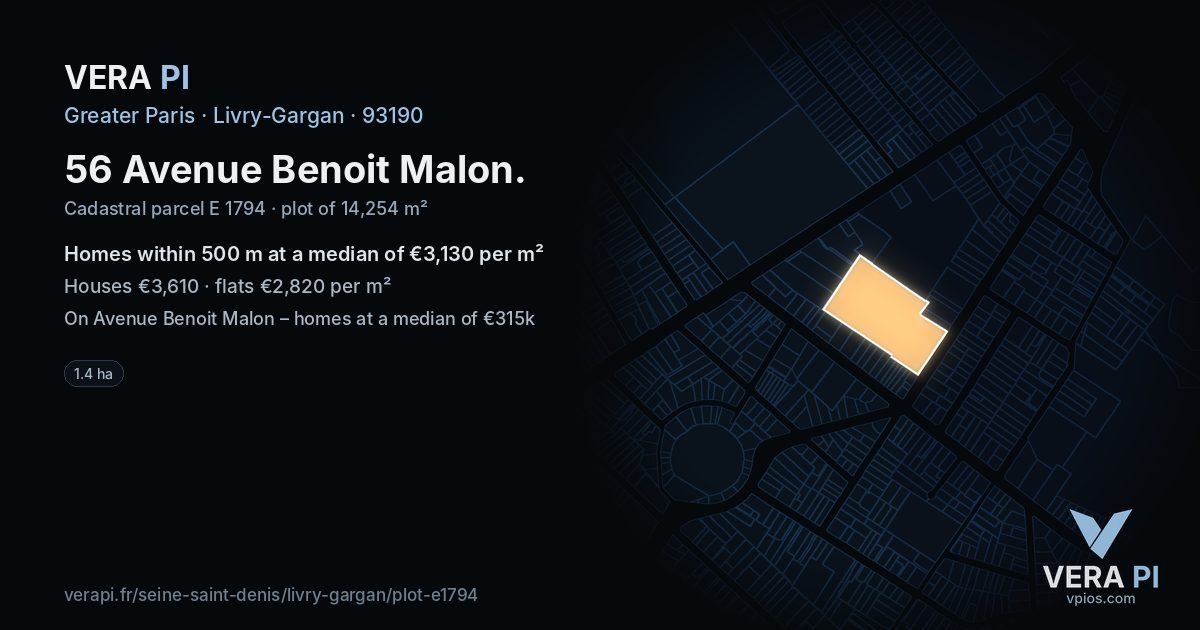 56 Avenue Benoit Malon, Livry-Gargan at night – the plot lit, the parcels around coloured by the prices near them