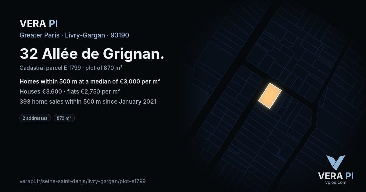 32 Allée de Grignan, Livry-Gargan at night – the plot lit, the parcels around coloured by the prices near them