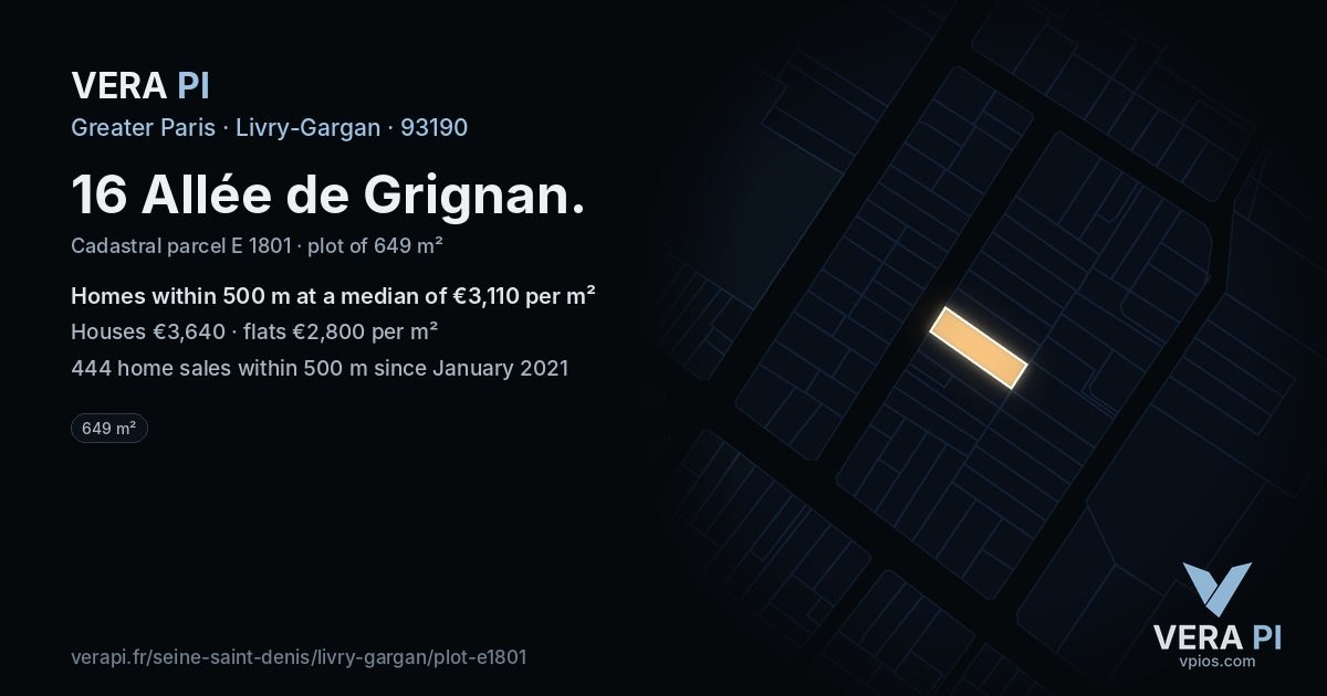 16 Allée de Grignan, Livry-Gargan at night – the plot lit, the parcels around coloured by the prices near them