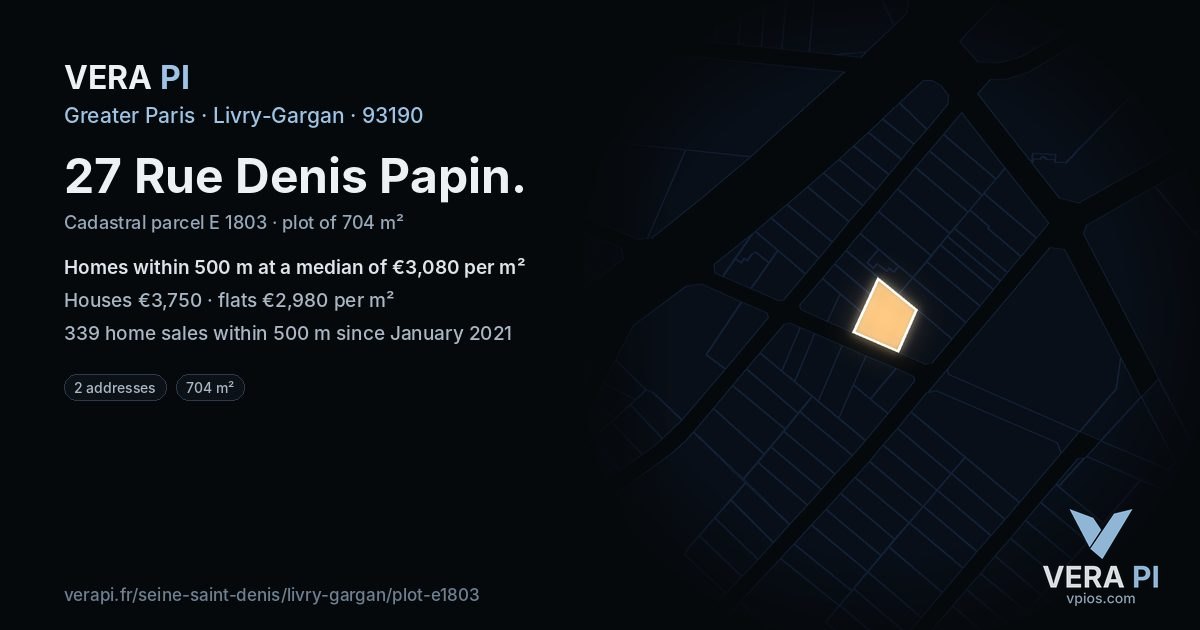 27 Rue Denis Papin, Livry-Gargan at night – the plot lit, the parcels around coloured by the prices near them