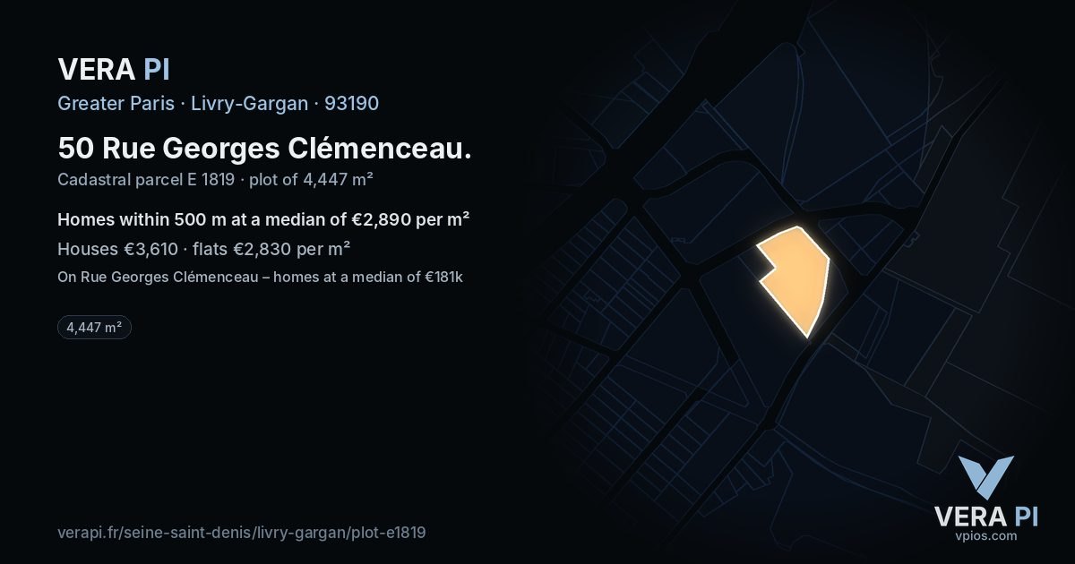 50 Rue Georges Clémenceau, Livry-Gargan at night – the plot lit, the parcels around coloured by the prices near them