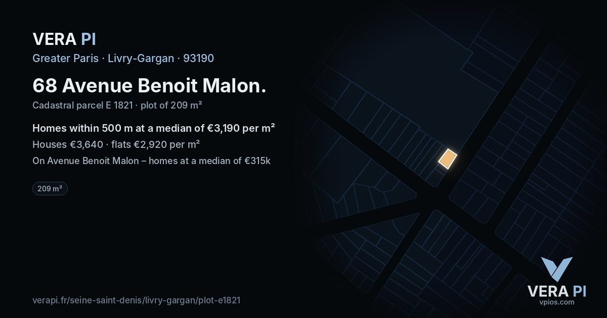68 Avenue Benoit Malon, Livry-Gargan at night – the plot lit, the parcels around coloured by the prices near them