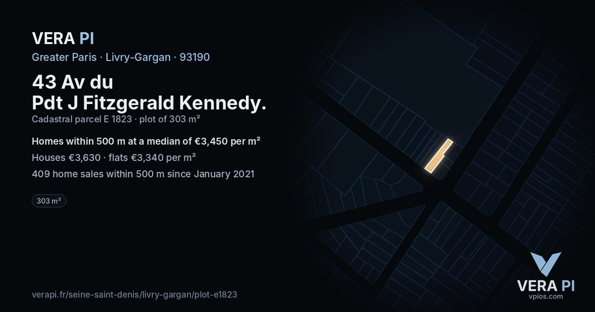 43 Av du Pdt J Fitzgerald Kennedy, Livry-Gargan at night – the plot lit, the parcels around coloured by the prices near them