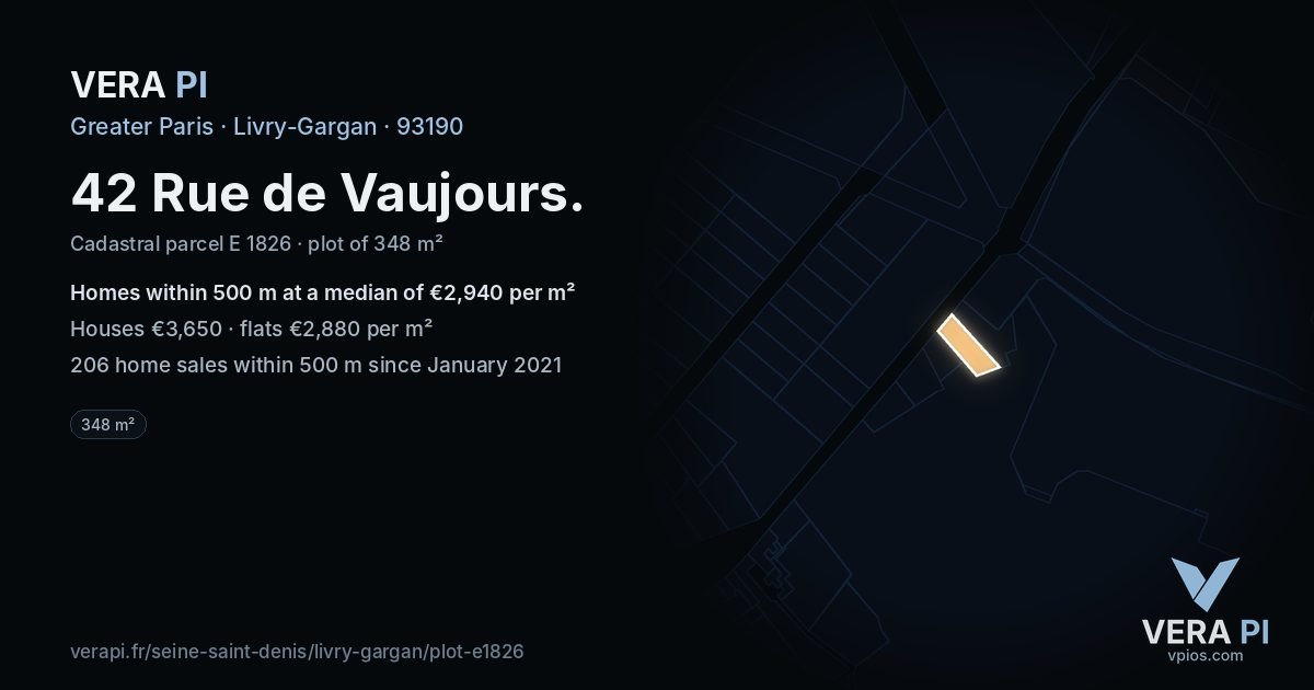 42 Rue de Vaujours, Livry-Gargan at night – the plot lit, the parcels around coloured by the prices near them