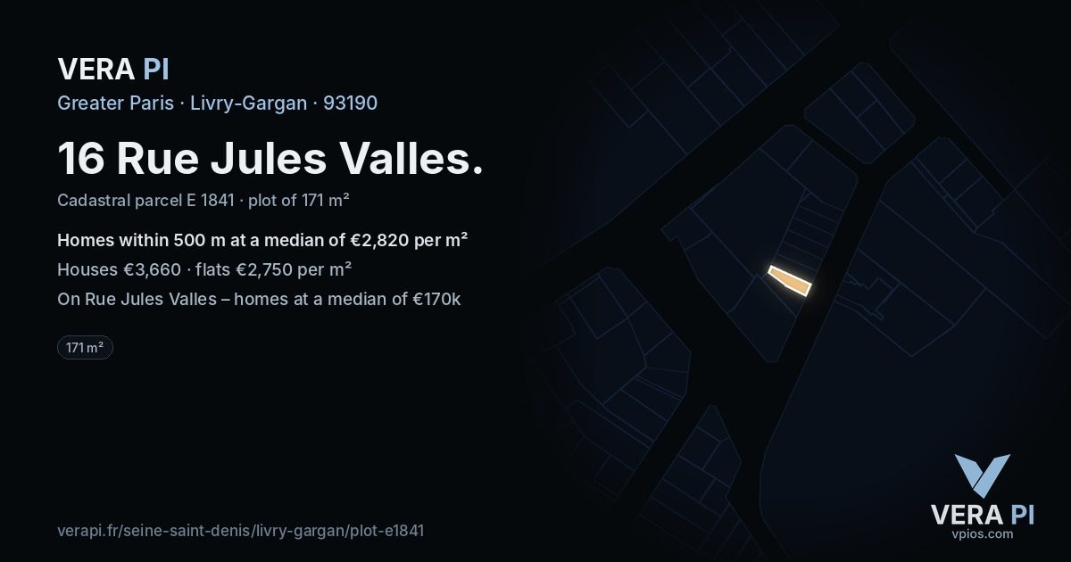 16 Rue Jules Valles, Livry-Gargan at night – the plot lit, the parcels around coloured by the prices near them